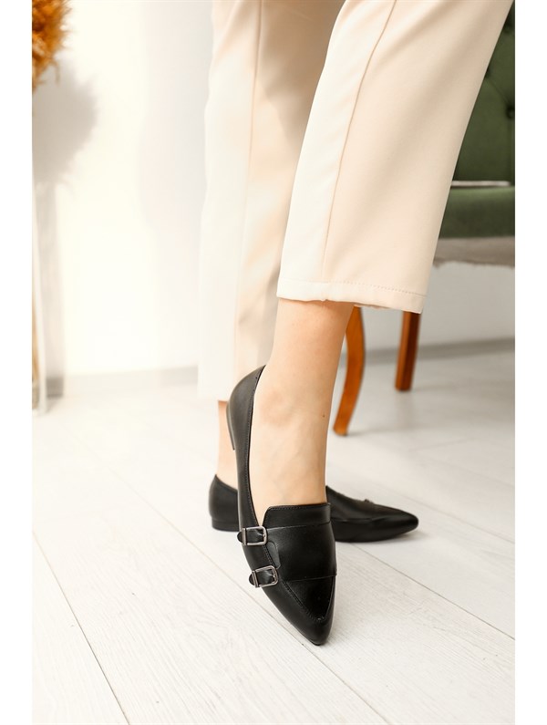 Modica Siyah Deri Kadın Babet Ayakkabı