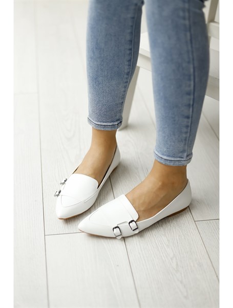 Modica Beyaz Deri Kadın Babet Ayakkabı