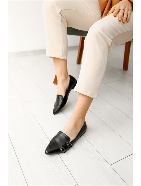 Modica Siyah Deri Kadın Babet Ayakkabı