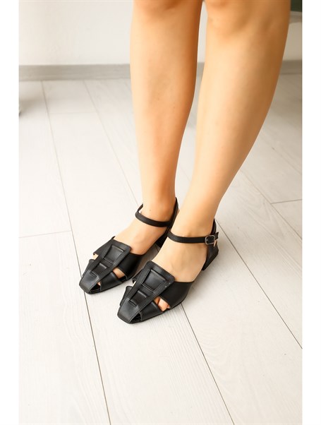Nowa Siyah Deri 3 cm Kadın Babet Ayakkabı