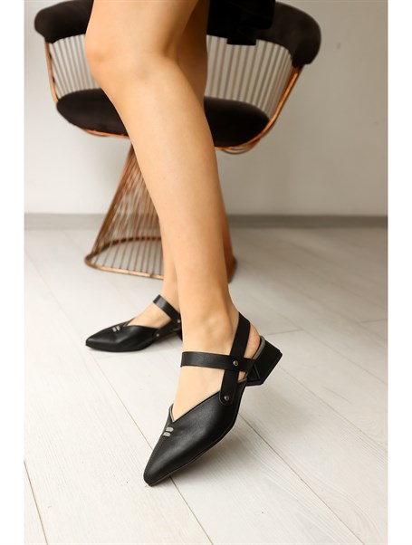 Rosa Siyah Deri 3cm Kadın Babet Ayakkabı